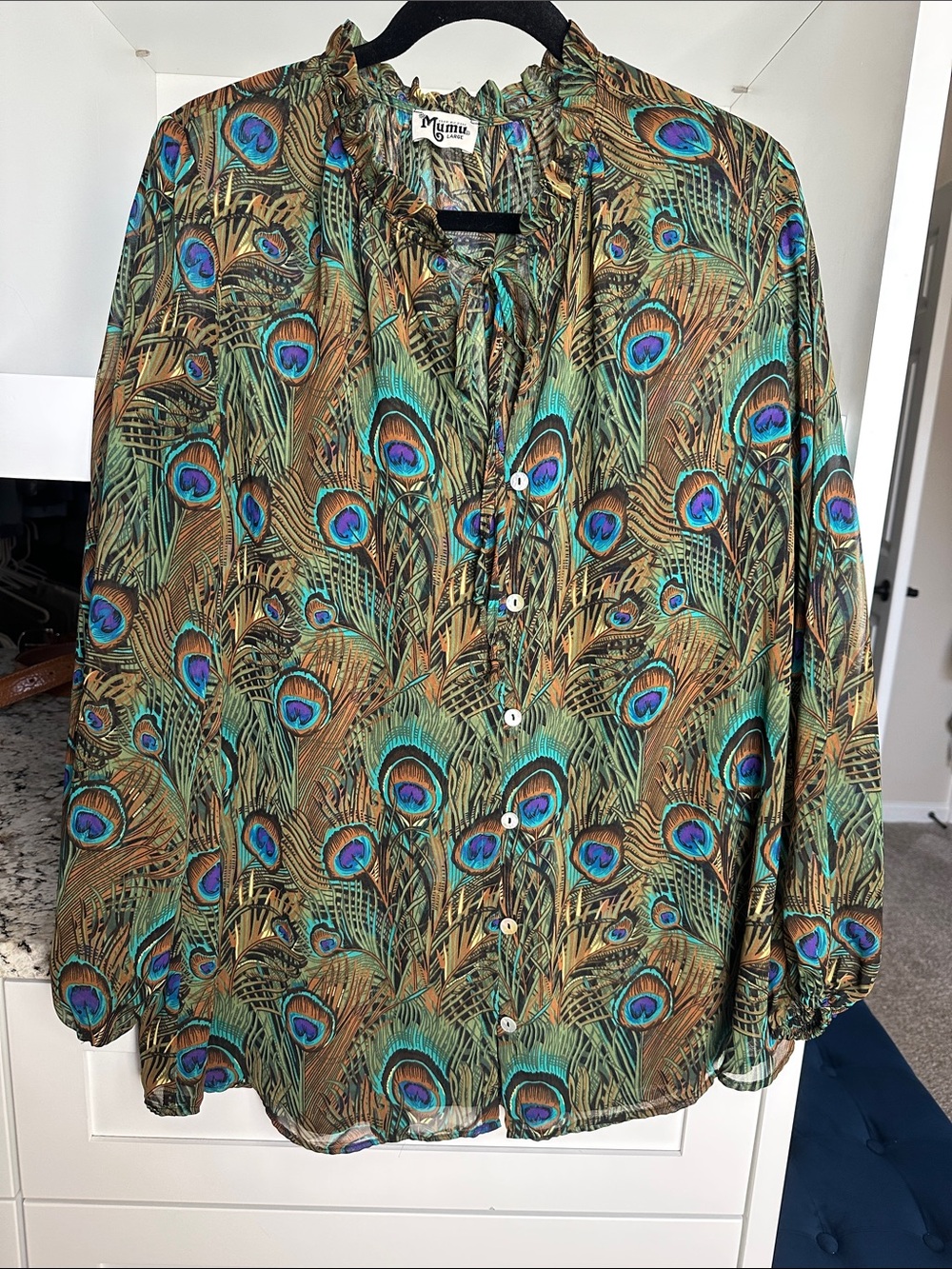 Peacock Print Button-Front Blouse in Teal & Brown